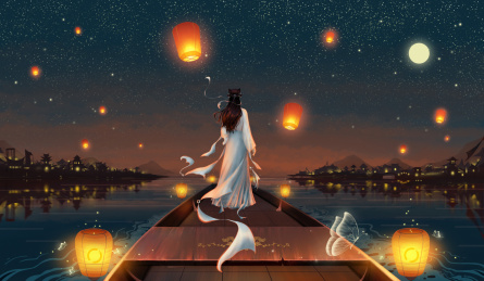 夜晚泛舟祈福的少女背影古风插画