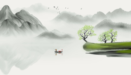 手绘新中式意境山水画插画背景