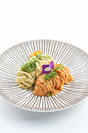 精美瓷餐具装的双味双色荞麦面