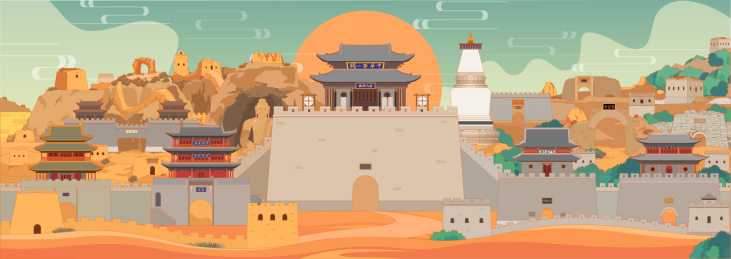 国潮风山西长城雁门关矢量插画