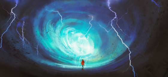 行走在漩涡里的人，数码插图。