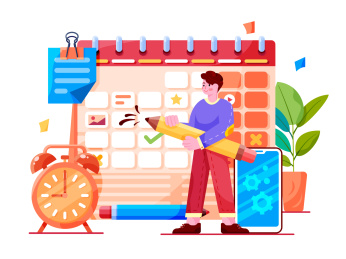 男士拿着笔在日历上打钩矢量插画