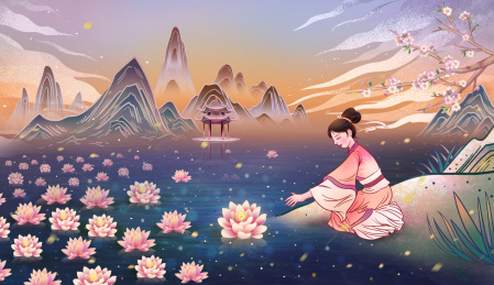 女孩在河边放河灯插画海报背景