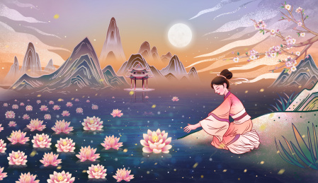 女孩在河边放河灯插画海报背景