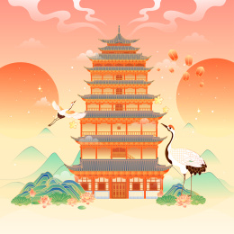 甘肃敦煌莫高窟建筑矢量插画