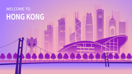 中国香港城市天际线矢量插画紫色