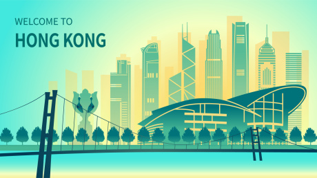 中国香港城市天际线矢量插画绿色
