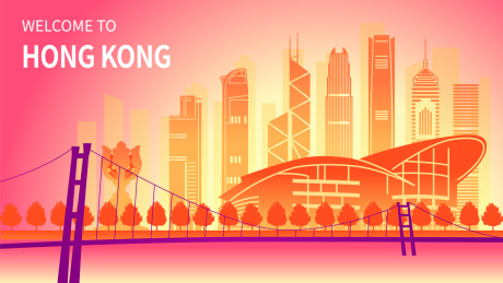 中国香港城市天际线矢量插画粉色