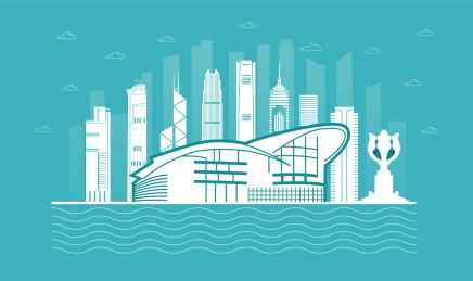 中国香港城市天际线矢量插画湖蓝色