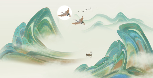 手绘新中式意境山水画插画背景