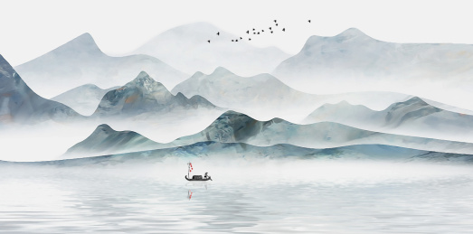手绘新中式意境山水画插画背景