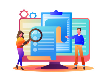 女生手拿放大镜站在电脑面前矢量插画