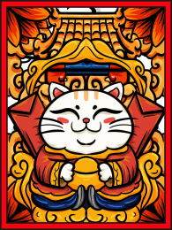 手绘国潮卡通招财猫插画