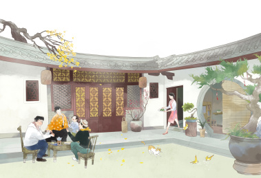 一家人在潮汕院子里喝工夫茶