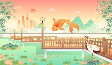城隍庙九曲桥风景矢量插画