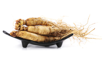 白底上放着一盘长白山鲜人参