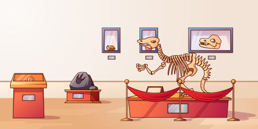 博物馆中恐龙化石标本矢量插画