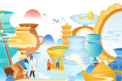 亲子游陶瓷乐器陈列展览矢量插画