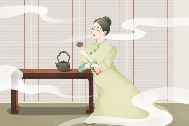 古风喝茶女人插画
