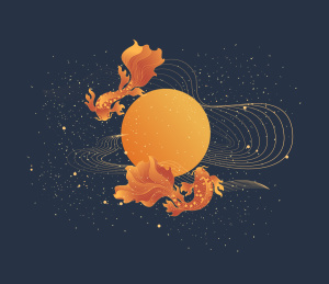 两条鱼环绕月亮插图