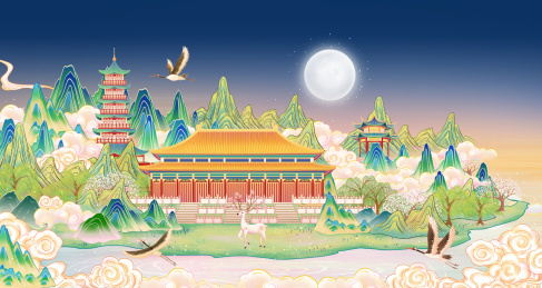 中国园林城市建筑国风山水插画海报背景