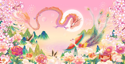 龙凤樱花国风山水插画海报背景