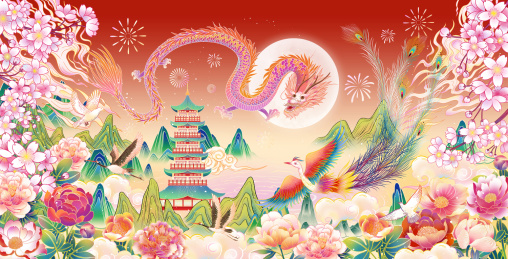 龙凤樱花国风山水插画海报背景