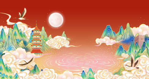 龙凤樱花国风山水插画海报背景