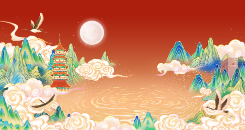 龙凤樱花国风山水插画海报背景