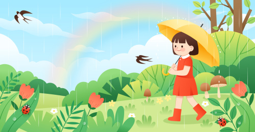 春天一个拿着雨伞的小女孩和户外自然背景