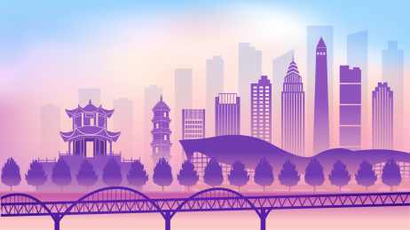 中国江西九江市城市天际线矢量插画紫色横版