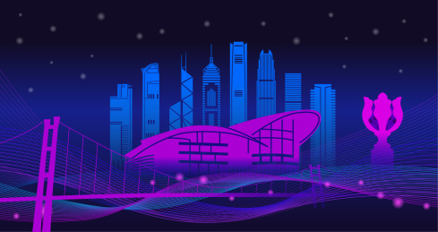  中国香港城市天际线夜景矢量插画