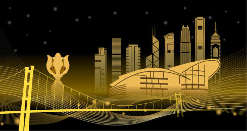  中国香港城市天际线夜景矢量插画金色