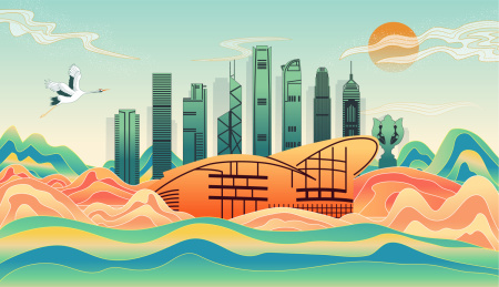 中国香港城市天际线夜景矢量插画