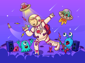 在星球上和外星怪兽一起唱歌的宇航员