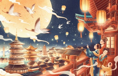 国风古建筑夜景赏月