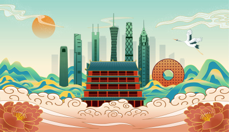 中国广东广州市城市复古国潮国风海报插画