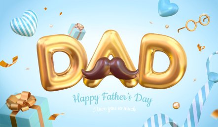 气球与礼物盒装饰的蓝色父亲节3d广告横幅