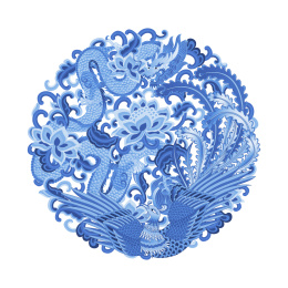 蓝色青花圆形龙凤花纹图案