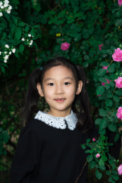 初夏亚裔女孩在盛开的蔷薇花丛中玩耍