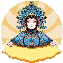 穿着蓝色戏服举着横幅的京剧角色