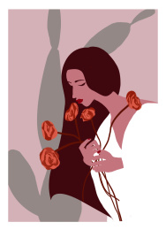 闻着花香的白衣长发女子ins风插画