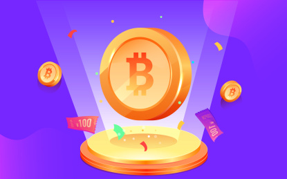 卡通比特币在台上展示金融矢量插画背景素材