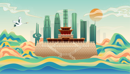 中国山东济南城市复古国风海报插画