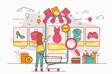 女青年在手机面前选购商品矢量插画