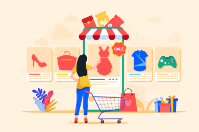 女青年在手机面前选购商品矢量插画