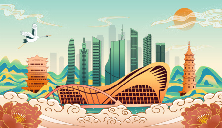 中国安徽合肥市城市复古国风海报插画
