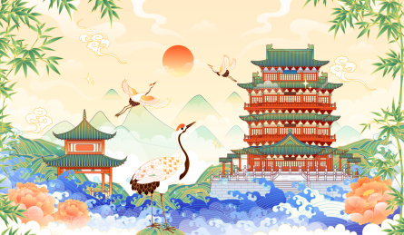 江西南昌滕王阁建筑风景矢量插画