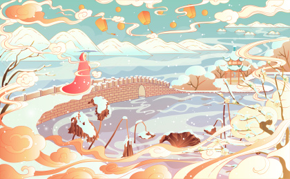 杭州西湖十景国潮矢量风景插画断桥残雪
