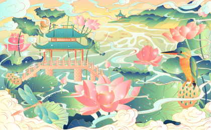 杭州西湖十景国潮矢量风景插画曲院风荷